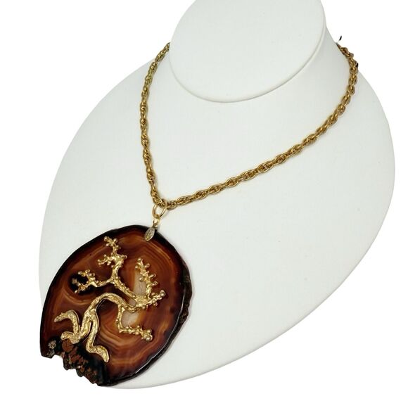 Brown Banded Carnelian Agate Slab Tree OF Life Pendant Necklace 24" Artesian - Picture 2 of 12